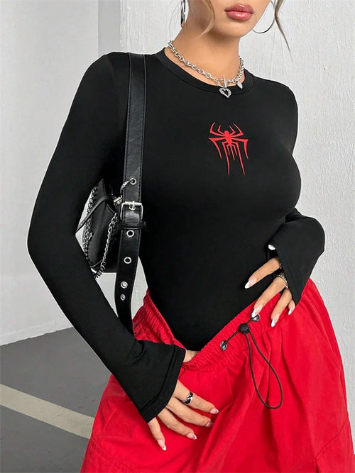 Women's cropped long-sleeve spider print training top — Vagabane Arachnita, front view