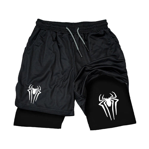 Men's spider web print gym shorts with drawstring waist — Vagabane Venom, front view