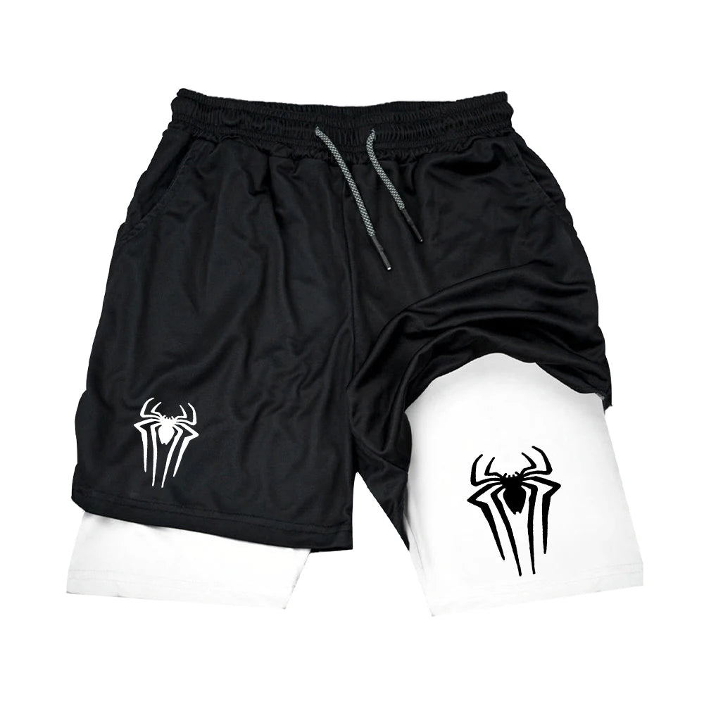 Men's spider print workout shorts — Vagabane Venom, back view
