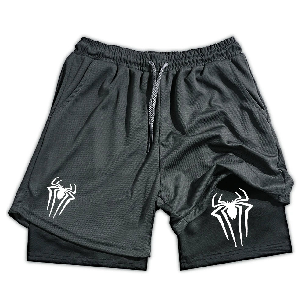 Men's lightweight spider gym shorts drawstring close-up — Vagabane Venom