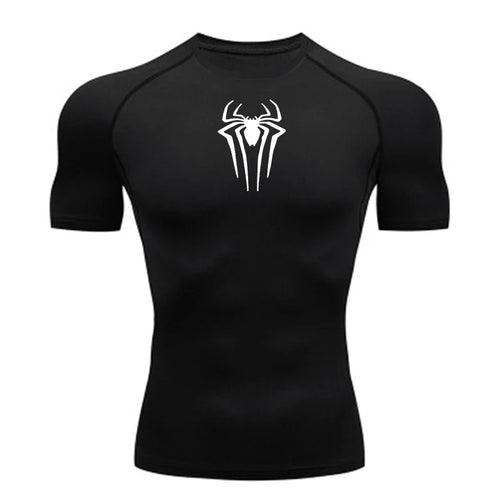Men's black spider print compression tank top for gym — Vagabane Arachnito, front view