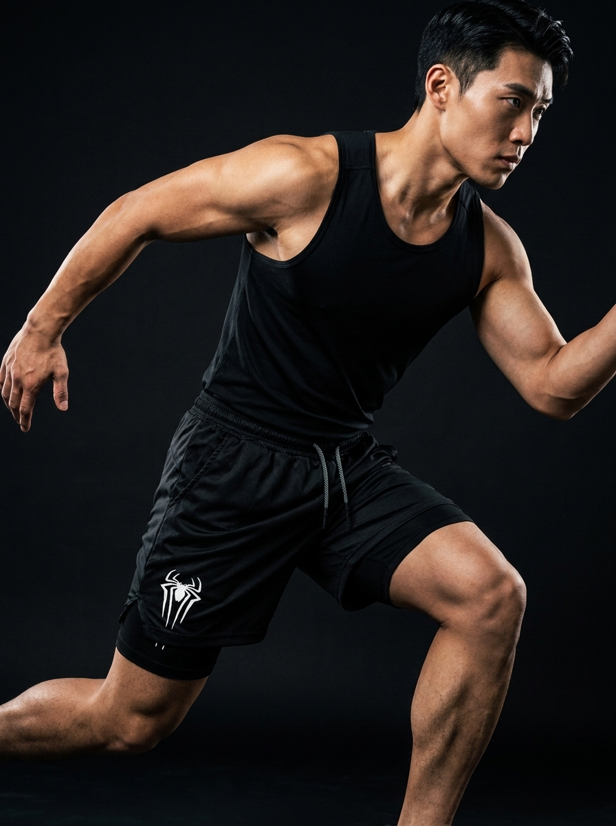 Athletic male model wearing Vagabane Venom spider web print training shorts — studio campaign shot